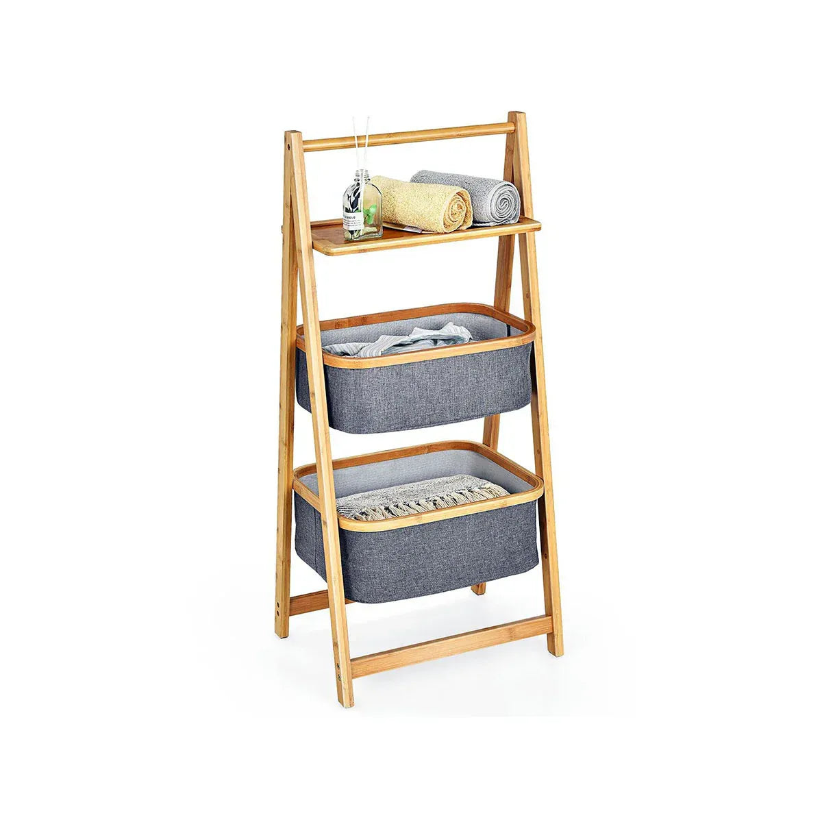 Bamboo 2-tier and 3-tier storage rack with fabric baskets for home organization by Home Hatch