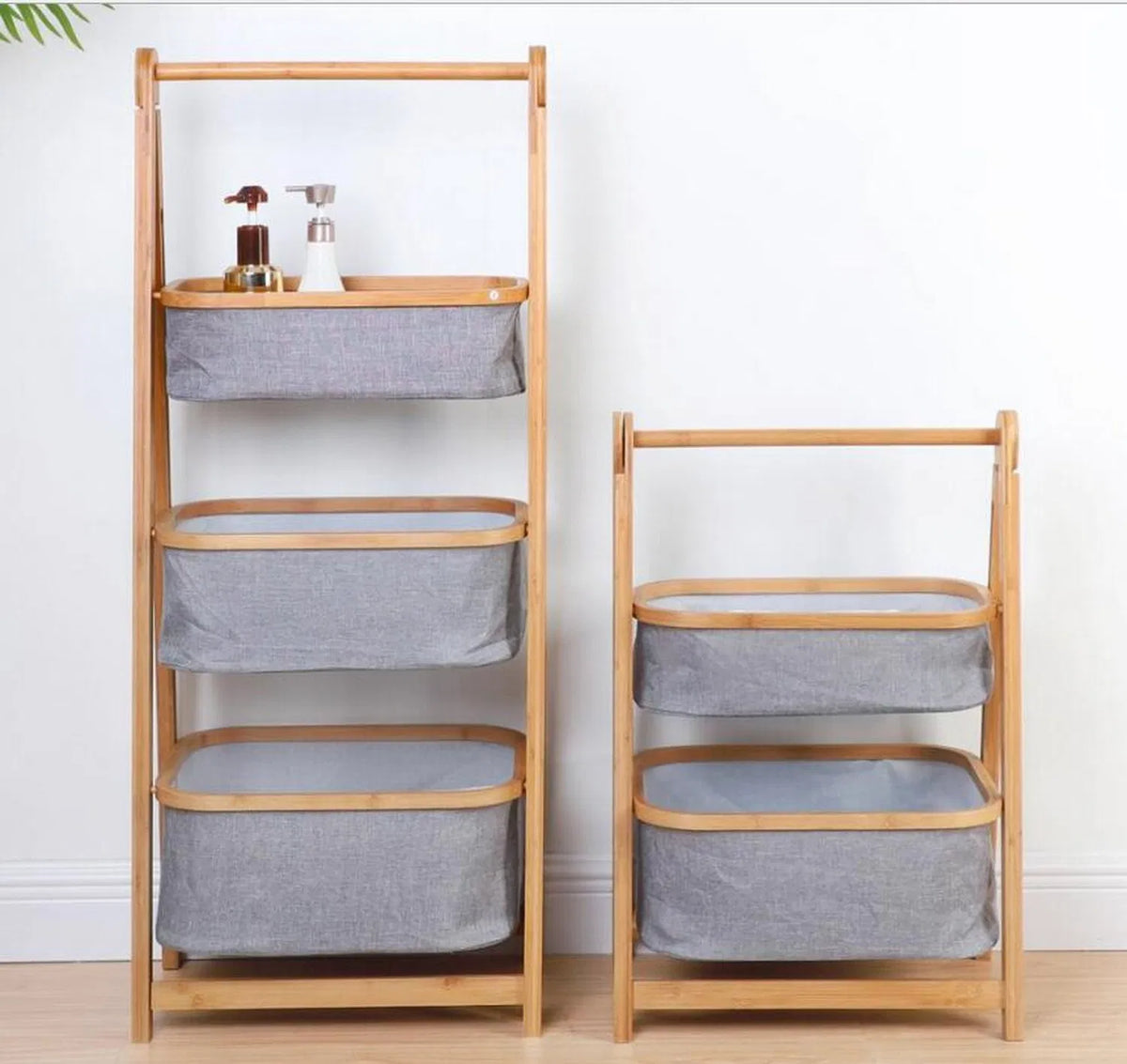 Bamboo 2-tier and 3-tier storage rack with fabric baskets for home organization by Home Hatch