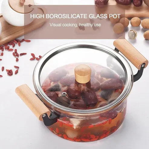 Borosilicate Glass Cooking Pot with Wooden Handles & Lid
