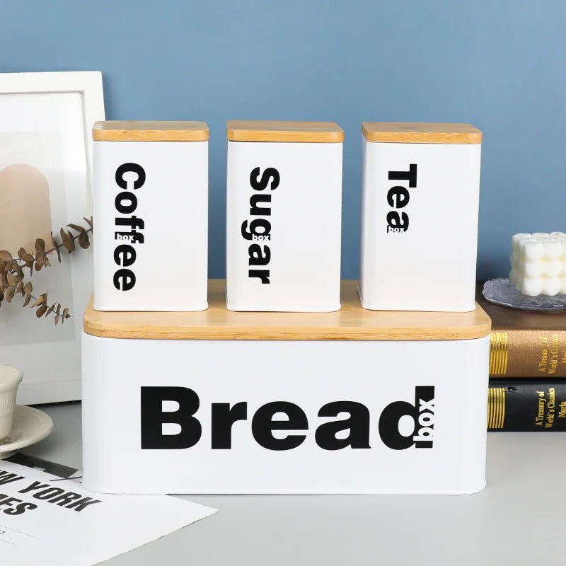 Bread Box with Three Canister Set with Bamboo Lid