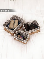 Brown & White Checked Storage Basket | Cloth Covered | Set of 3
