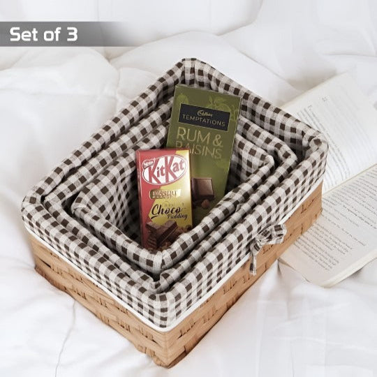 Brown & White Checked Storage Basket | Cloth Covered | Set of 3