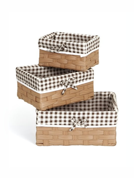 Brown & White Checked Storage Basket | Cloth Covered | Set of 3