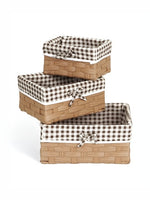 Brown & White Checked Storage Basket | Cloth Covered | Set of 3