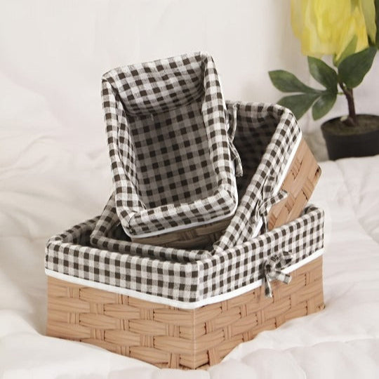 Brown & White Checked Storage Basket | Cloth Covered | Set of 3