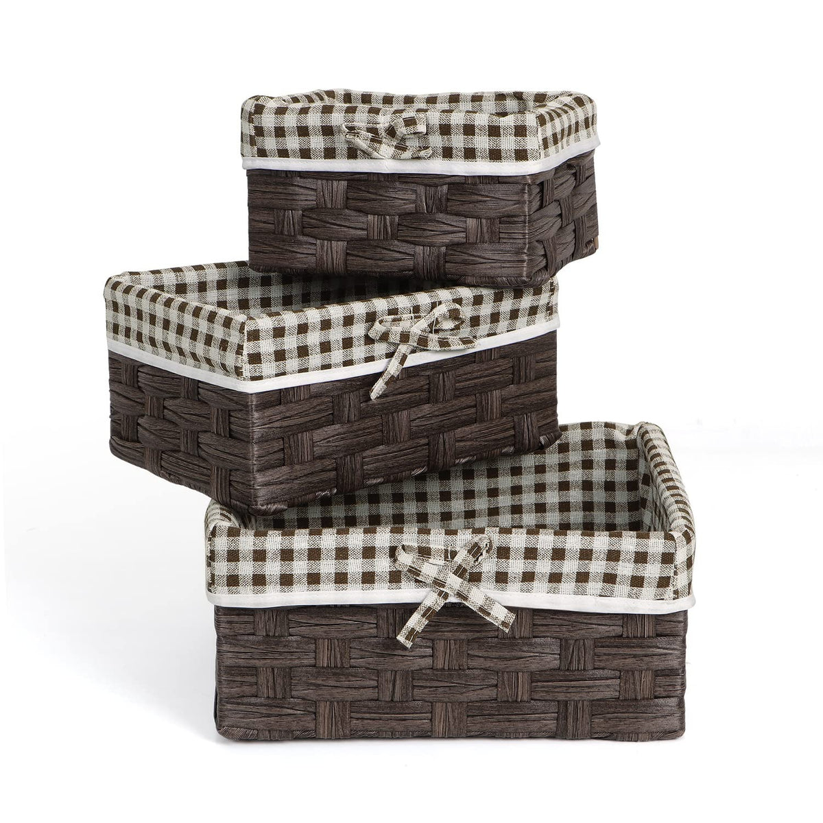 Brown & White Checked Storage Basket | Cloth Covered | Set of 3
