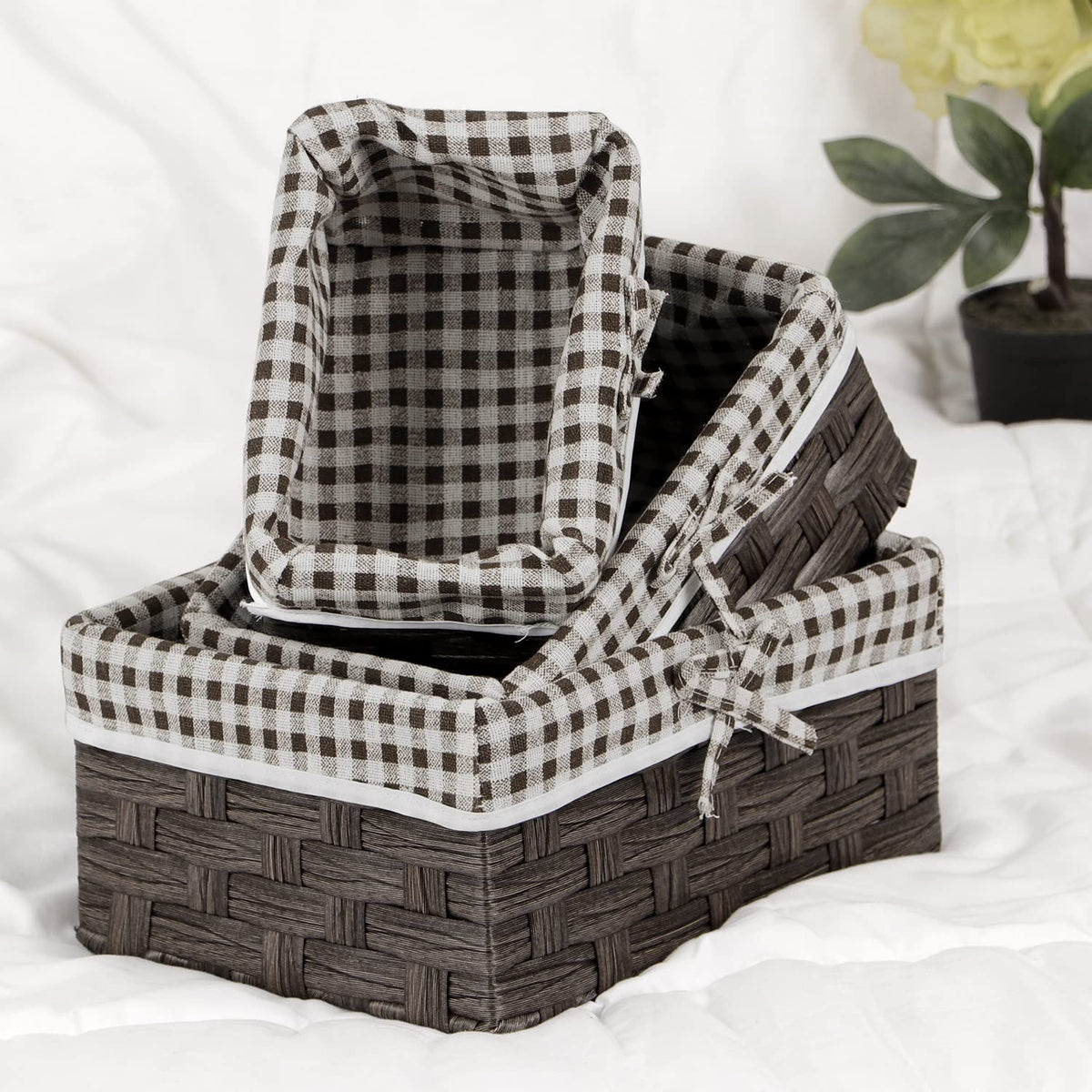 Brown & White Checked Storage Basket | Cloth Covered | Set of 3