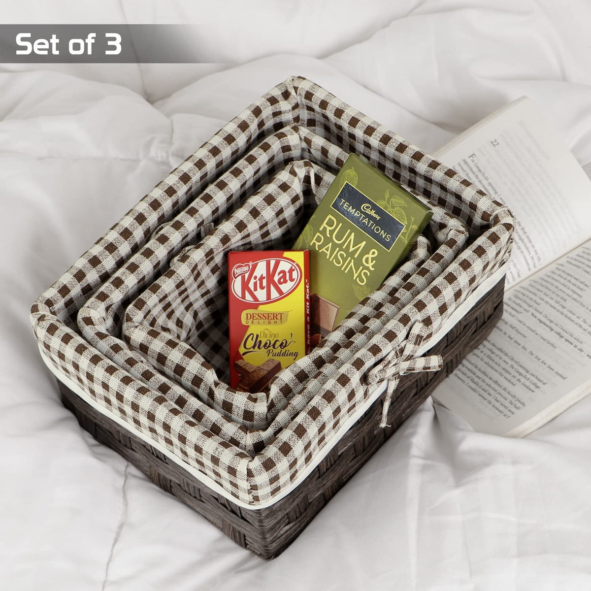 Brown & White Checked Storage Basket | Cloth Covered | Set of 3