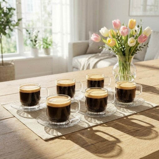 Stella Glass Tea & Coffee Cup Set with Saucers – 240ml (Set of 6)