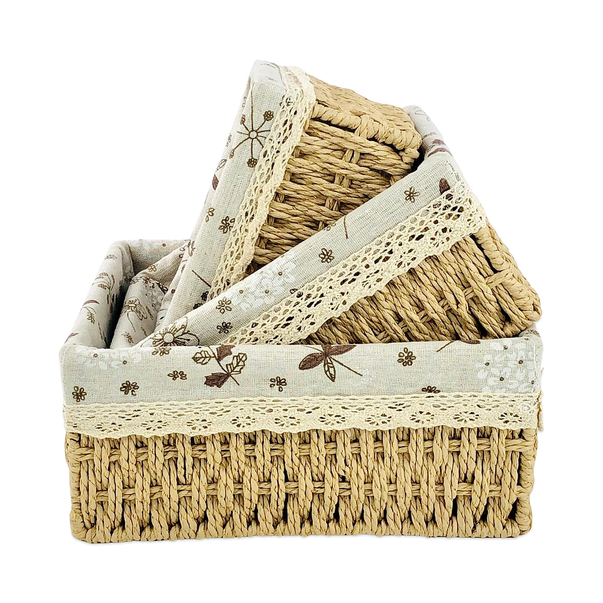 Rectangular Cloth Covered Braided Basket | Vanity Basket | Set of 3