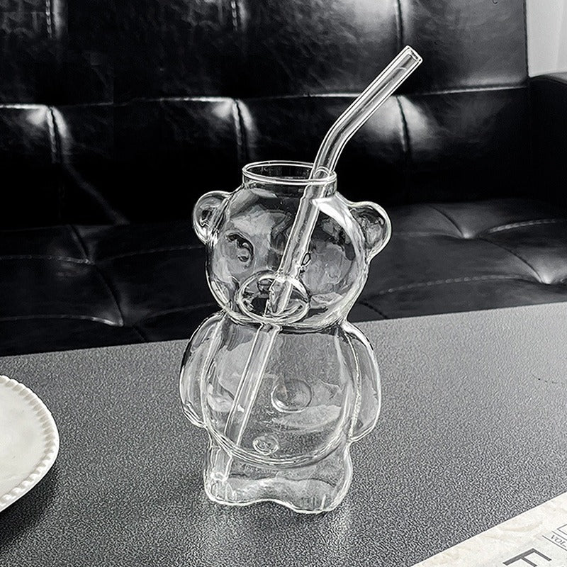 Cartoon Bear Shaped Serving Glass Mug With Straw