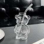 Cartoon Bear Shaped Serving Glass Mug With Straw