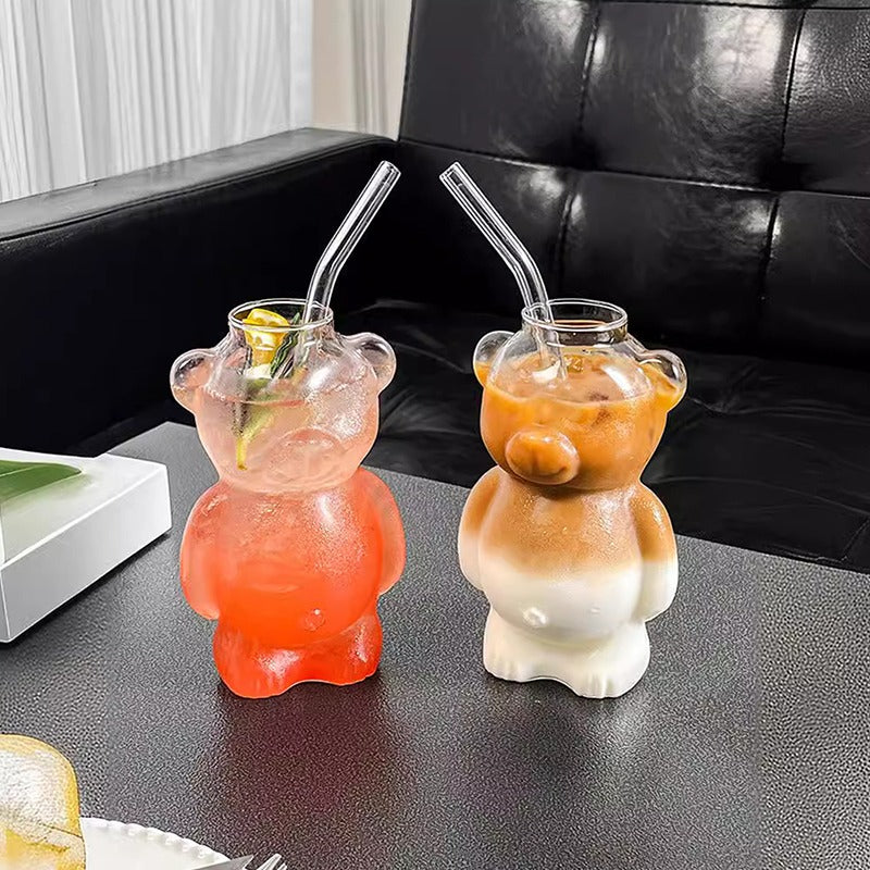 Cartoon Bear Shaped Serving Glass Mug With Straw