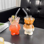 Cartoon Bear Shaped Serving Glass Mug With Straw