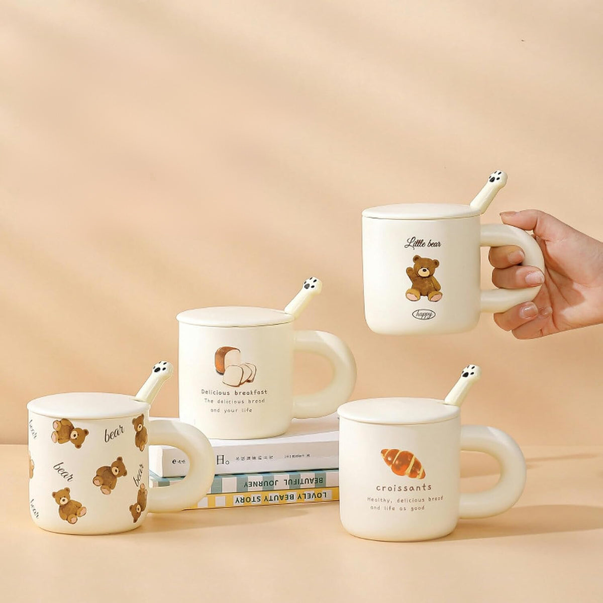 Cartoon Bear | Bread | Breakfast | Ceramic Mug With Lid and Spoon