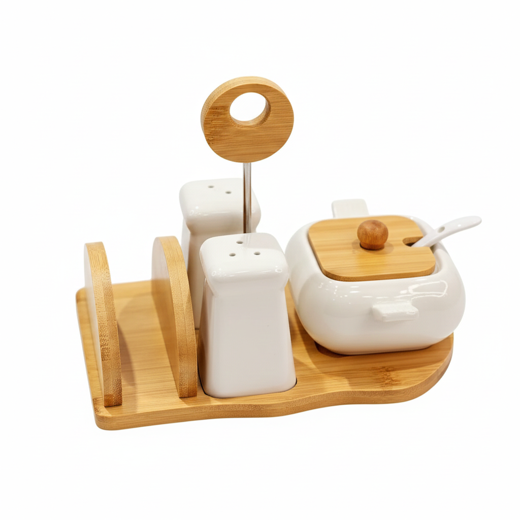Ceramic salt pepper sugar pot set with bamboo stand and napkin holder – Home Hatch Pakistan