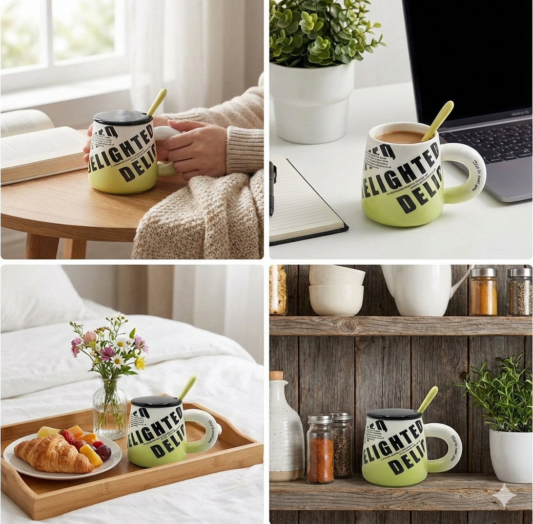 Ceramic Coffee Mug with Lid and Spoon 500ml