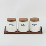 Ceramic coffee sugar tea canister set with wooden tray – Home Hatch Pakistan