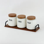 Ceramic coffee sugar tea canister set with wooden tray – Home Hatch Pakistan