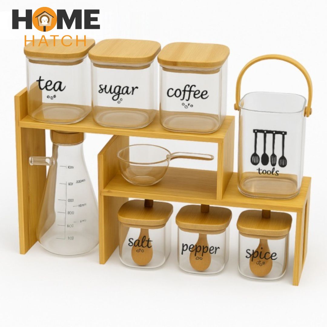 Complete Kitchen Organizer Set 9 Piece with Bamboo Stand Lids Pakistan