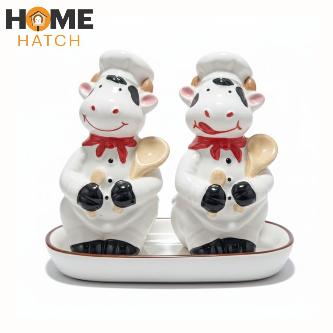 Chef Cow Ceramic Salt & Pepper Shaker Set with Tray Pakistan – Cute Chef Cow Design Ceramic Shakers for Dining and Kitchen Décor