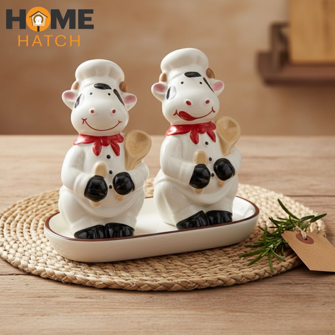 Chef Cow Ceramic Salt & Pepper Shaker Set with Tray Pakistan – Cute Chef Cow Design Ceramic Shakers for Dining and Kitchen Décor