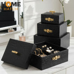 Croc Luxe 3-Piece Black Crocodile Pattern Leather Jewelry Box Set with Golden Knobs – Home Hatch Pakistan