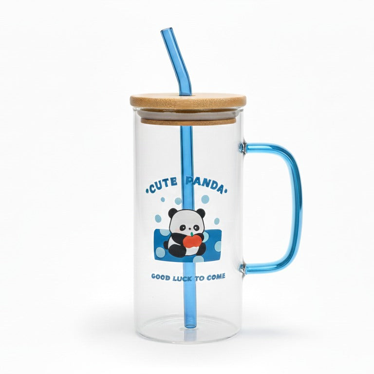 Cute panda glass tumbler with bamboo lid and glass straw – Home Hatch Pakistan