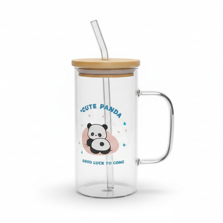Cute panda glass tumbler with bamboo lid and glass straw – Home Hatch Pakistan
