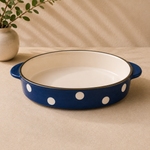DANNY HOME 13.25-inch oval ceramic baking dish with integrated handles and blue polka dot pattern for casseroles, baking and serving. DANNY HOME ceramic baking dish13.25 inch baking dishoval ceramic baking dishblue polka dot baking dishceramic casserole dishbaking dish with handlesoven to table bakewarelarge ceramic baking dishceramic bakeware Pakistanoval casserole dish