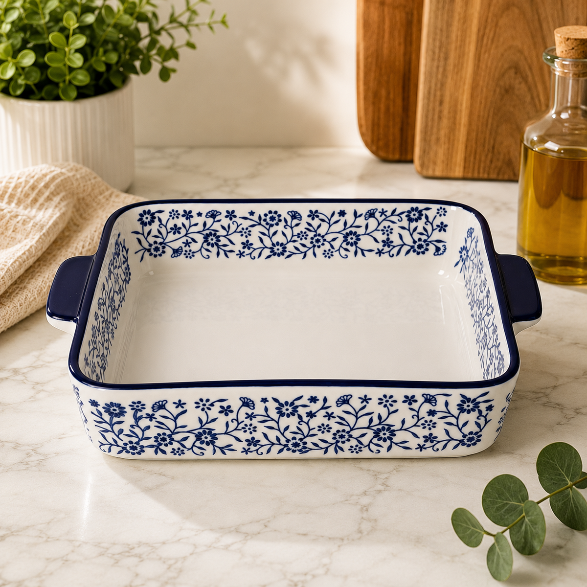 DANNY HOME ceramic baking dish8 inch rectangular baking dishceramic casserole dishblue floral baking dishrectangular ceramic bakewareceramic baking dish with handlesoven to table casserole dishpremium ceramic bakewareceramic oven dish Pakistanglazed ceramic baking dishDANNY HOME 8-inch rectangular ceramic baking dish with blue floral pattern and integrated side handles for baking and serving.