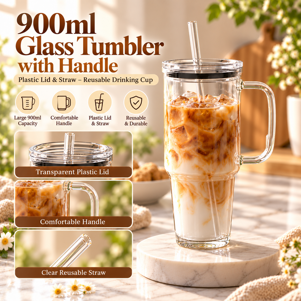 DANNY HOME 900ml glass tumbler, Danny Home glass tumbler, 900ml glass tumbler with handle, glass tumbler with plastic lid and straw, reusable glass drinking cup, large capacity glass tumbler, glass water cup with handle, iced coffee glass tumbler, glass tumbler for juice, glass drinking cup with straw, 900ml water tumbler, reusable iced coffee cup, glass tumbler with straw Pakistan, Danny Home drinkware Pakistan, glass water tumbler Pakistan, large glass drinking cup Pakistan, glass tumbler online Pakistan,