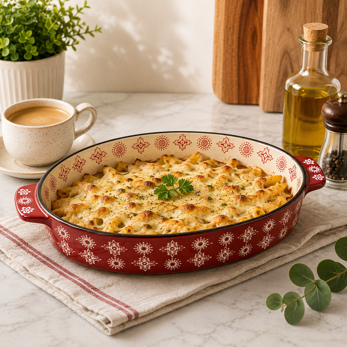 DANNY HOME 11-inch oval ceramic baking dish with red pattern and integrated side handles for baking and serving.