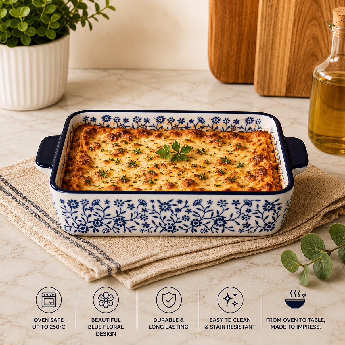 DANNY HOME ceramic baking dish8 inch rectangular baking dishceramic casserole dishblue floral baking dishrectangular ceramic bakewareceramic baking dish with handlesoven to table casserole dishpremium ceramic bakewareceramic oven dish Pakistanglazed ceramic baking dishDANNY HOME 8-inch rectangular ceramic baking dish with blue floral pattern and integrated side handles for baking and serving.
