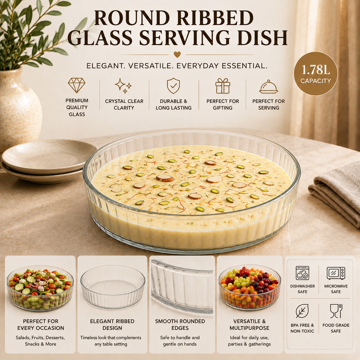DELISOGA 1.78L round clear ribbed glass serving dish for presenting salads, fresh fruits, desserts, snacks and sweets.DELISOGA glass serving dishround ribbed glass bowl1.78L glass serving bowlribbed glass serving dishclear glass salad bowlglass fruit serving bowldessert serving bowlround glass serving dishpremium glass servewareglass serving bowl Pakistan