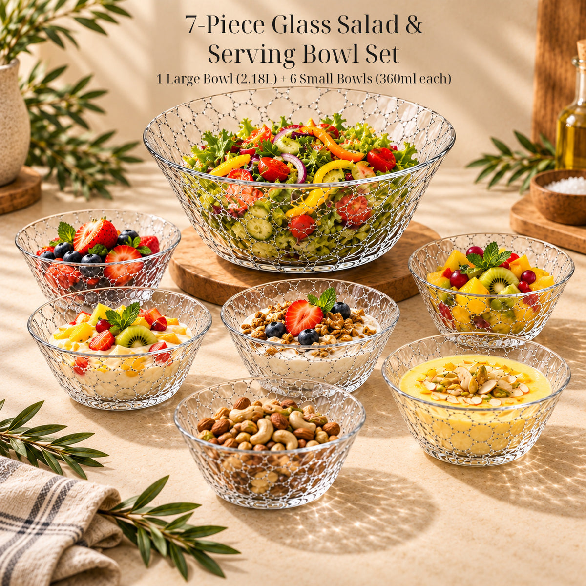 DELISOGA 7 piece glass bowl set, DELISOGA salad bowl set, glass salad bowl set, glass serving bowl set, 7 piece serving bowl set, 2.18L glass bowl, 360ml glass bowls, large glass salad bowl, small glass serving bowls, salad serving set, fruit bowl set, dessert bowl set, clear glass bowls, glass dinnerware set, family serving bowl set, salad bowl set Pakistan, glass bowl set Pakistan, DELISOGA bowls Pakistan, serving bowl set Pakistan, glass salad bowls Pakistan, buy glass bowl set Pakistan