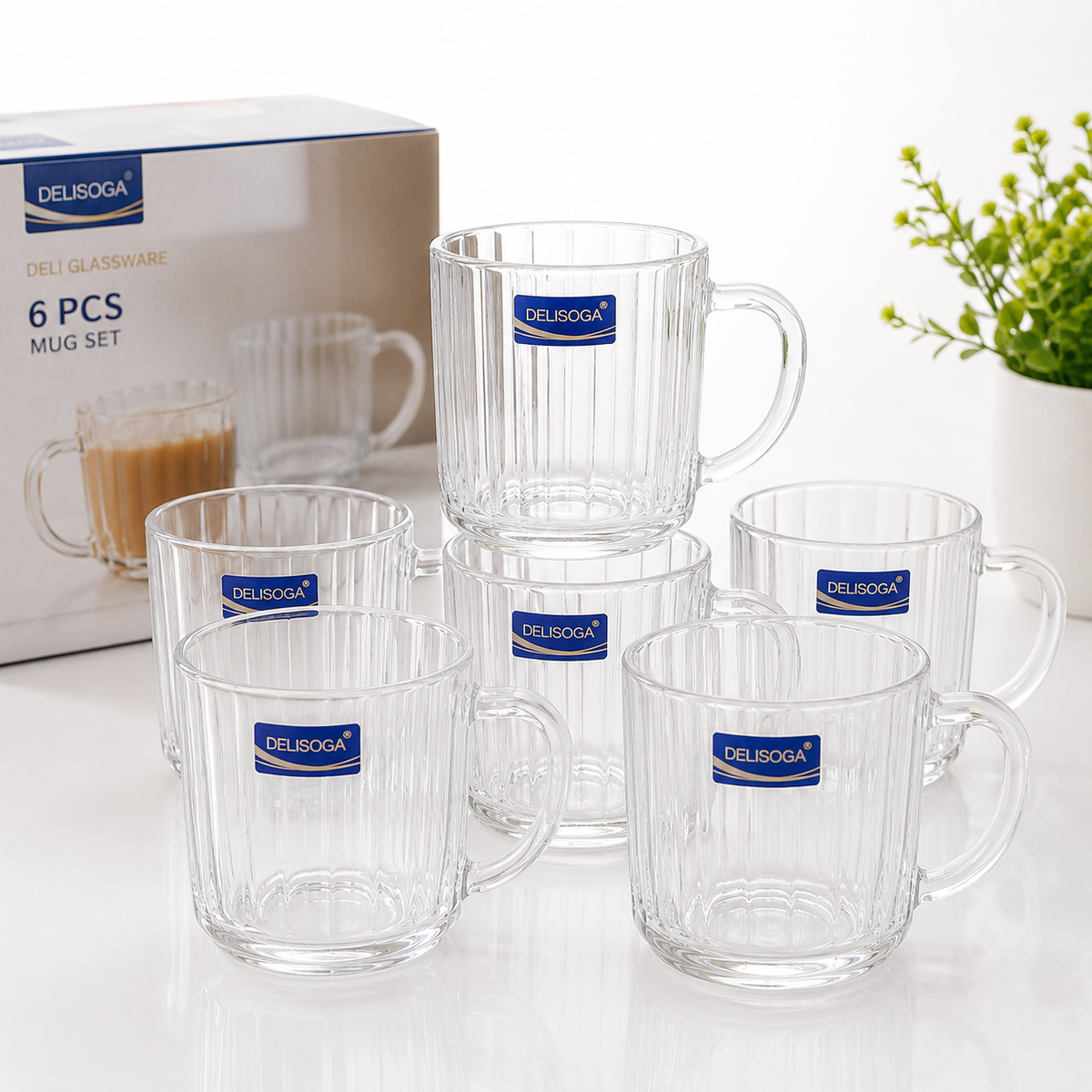 DELISOGA glass tea and coffee mug set of 6 clear ribbed glass cups with handle DELISOGA glass mug setglass tea cups Pakistanclear glass coffee mugsribbed glass mug setglass cups with handletea coffee mug setpremium glass drinkwarelatte glass cupscappuccino glass mugsDELISOGA glass cups