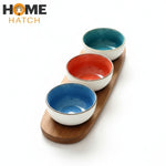 Danny Home Acacia Wood Platter with 3-Piece Ceramic Serving Bowls
