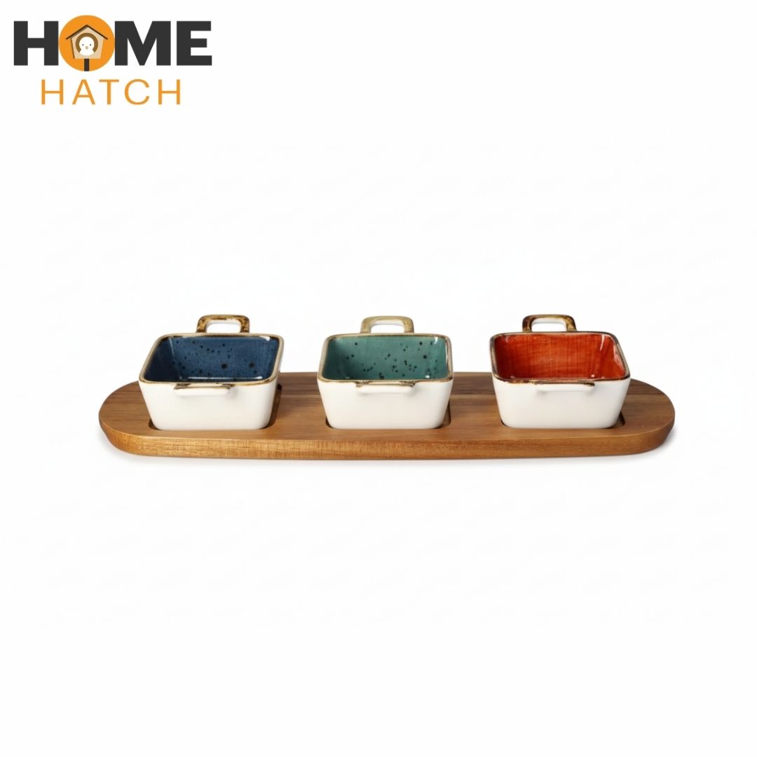 Danny Home Acacia Wood Platter with 3-Piece Ceramic Serving Bowls
