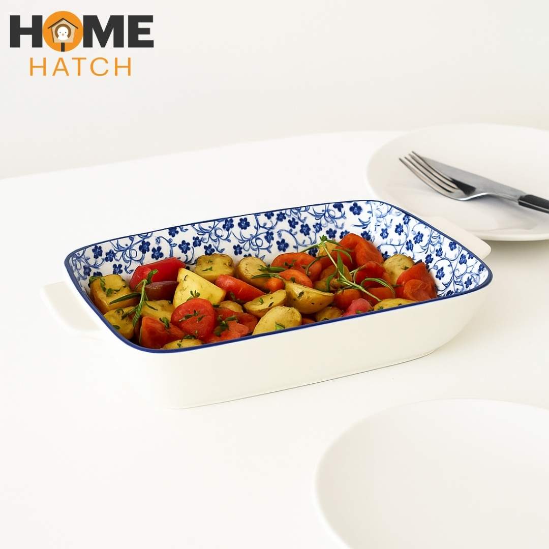 Danny Home Navy Floral Ceramic Dish with Handle – Multi-Purpose Serveware (Available in Multiple Sizes)