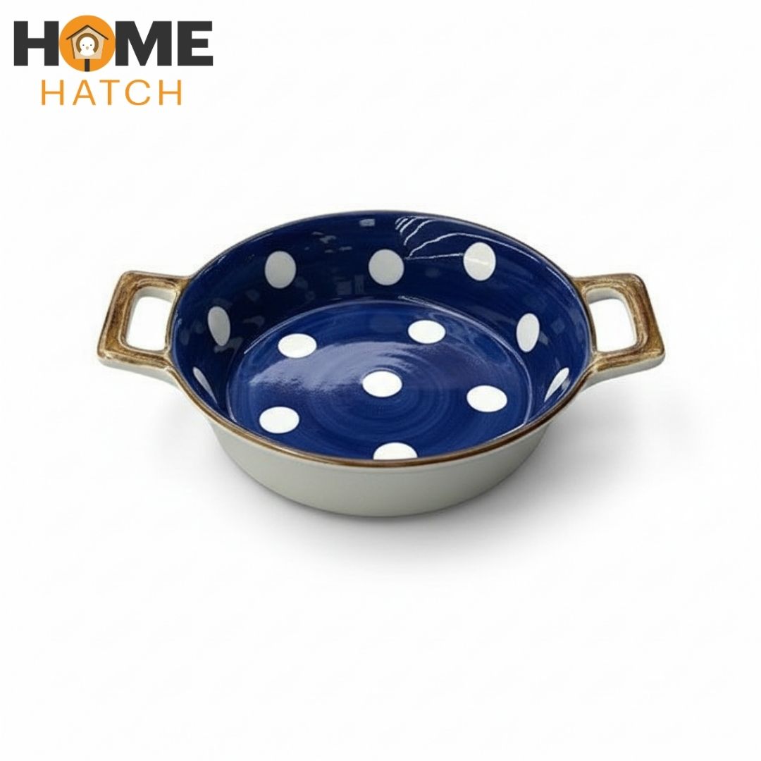 DANNY HOME 7.75" Round Ceramic Multipurpose Dish – Blue Polka Dot Design