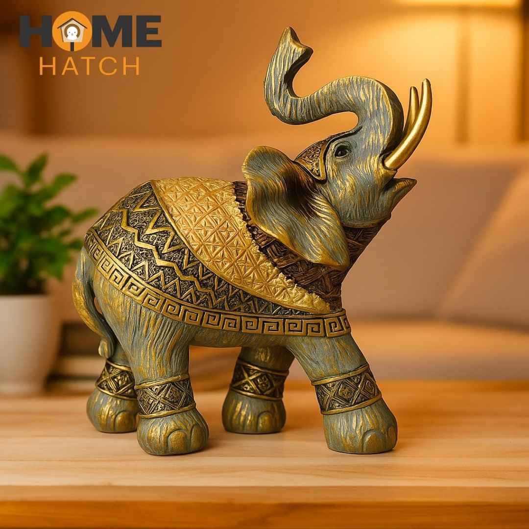 Decorative Elephant Figurine with Gold and Bronze Saddle – Handcrafted Resin Statue for Home Décor in Pakistan