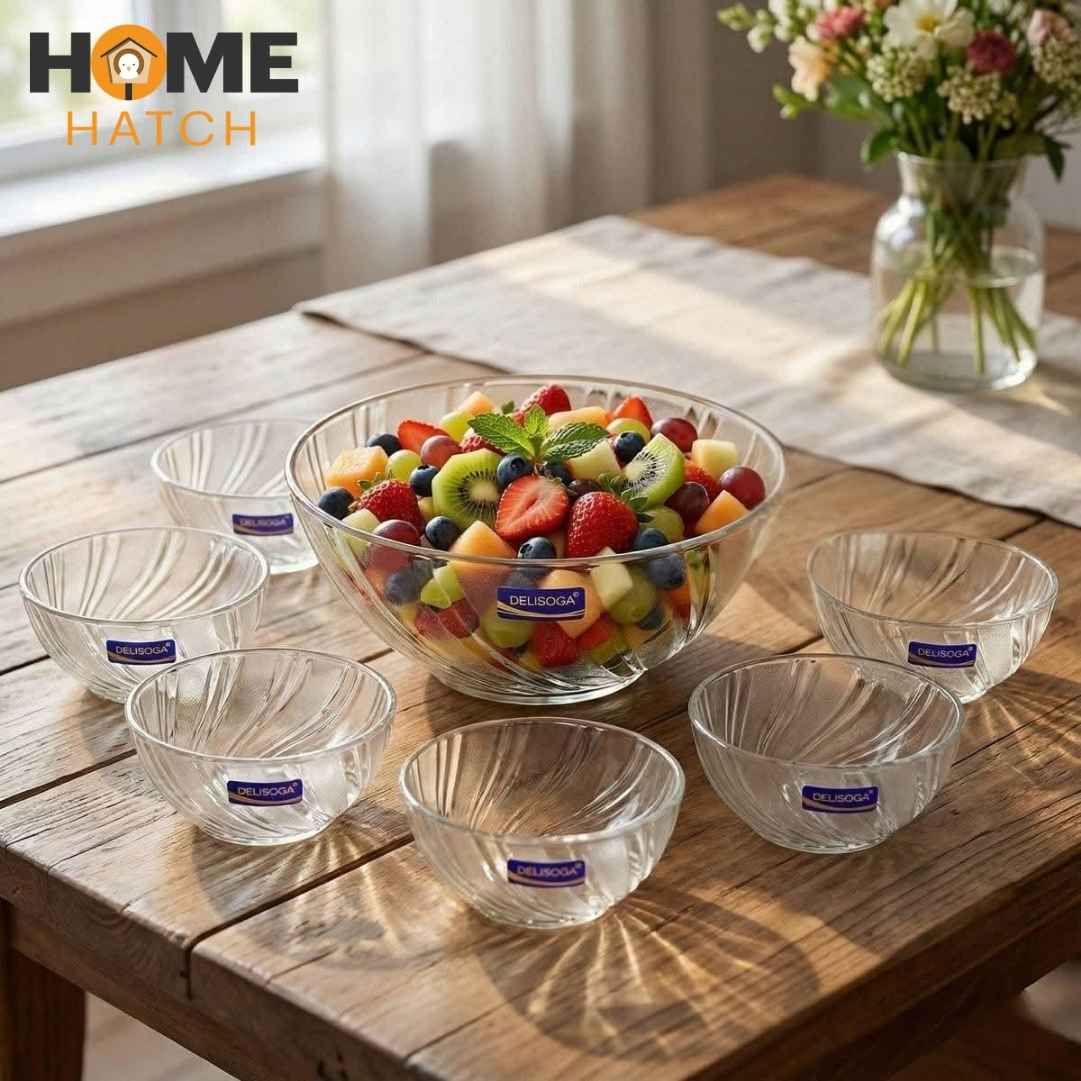 Delisoga 7-Pcs Crystal Glass Modern Desert Ice-Cream Sundae Bowl Set