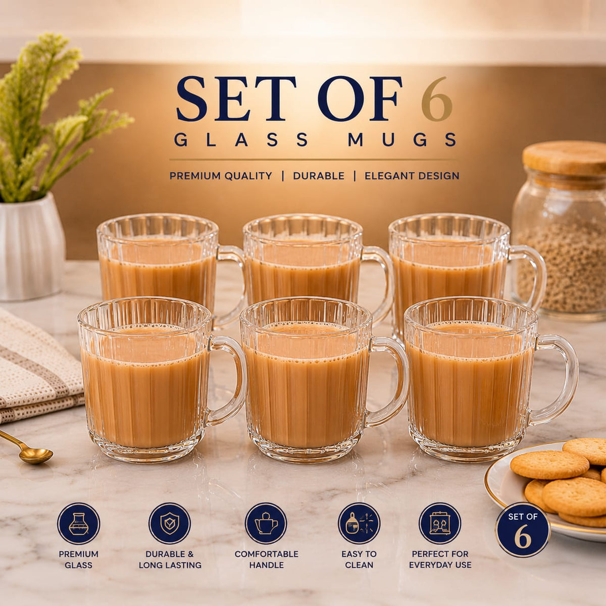 DELISOGA glass tea and coffee mug set of 6 clear ribbed glass cups with handle DELISOGA glass mug setglass tea cups Pakistanclear glass coffee mugsribbed glass mug setglass cups with handletea coffee mug setpremium glass drinkwarelatte glass cupscappuccino glass mugsDELISOGA glass cups