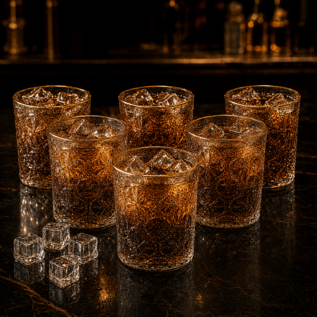 Delisoga set of 6 embossed clear drinking glasses with elegant gold rim, 340ml capacity for water, juice, whisky, cocktails, and everyday beverages.