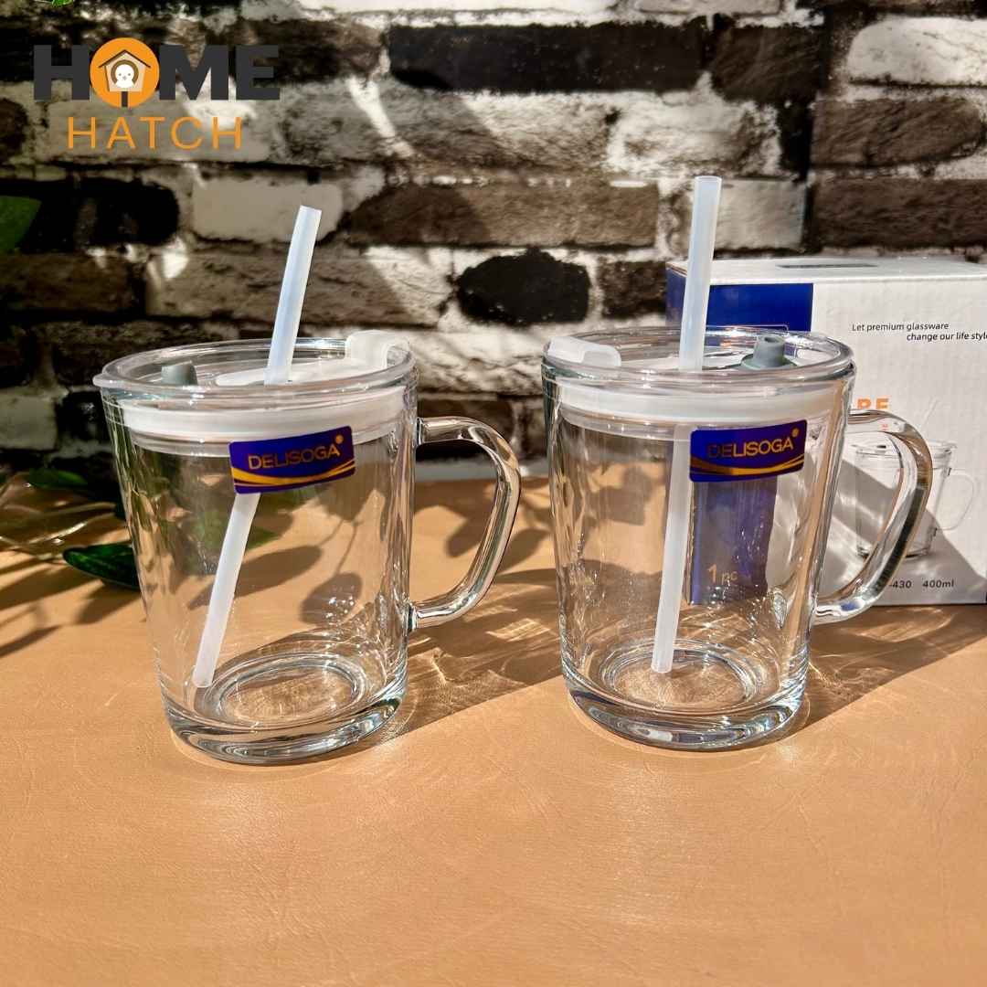 Delisoga Glass Coffee Mug With AIrtight Lid and Silicone Straw