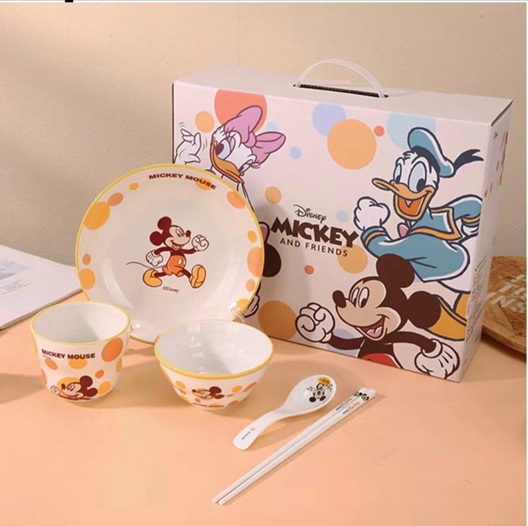 Disney Mickey & Friends 6-Piece Kids Dinner Set – Cartoon Bowl Plate Cup Spoon & Chopsticks Gift Box
