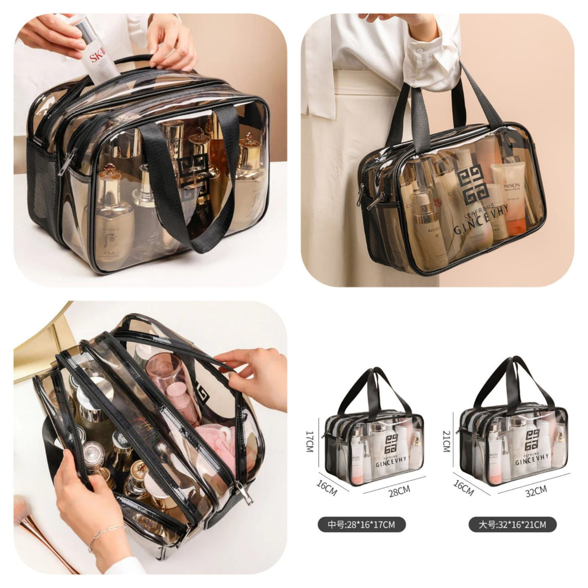Transparent multi-layer cosmetic and toiletry organizer bag with zippered compartments, carrying handles, and large capacity by Home Hatch