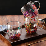 Aesthetic Flowers andFeather InsideDouble Walled Filled Glass Mugs