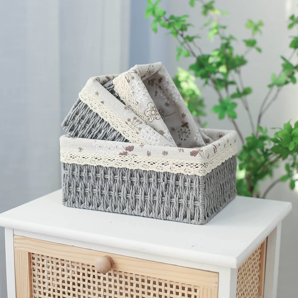 Rectangular Cloth Covered Braided Basket | Vanity Basket | Set of 3